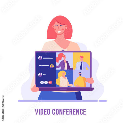 Woman communicating via online video conference. Online meeting. Concept of work from home, chatting with friends, group video chat. Vector illustration in flat design for UI, banner, mobile app © Aleksandr