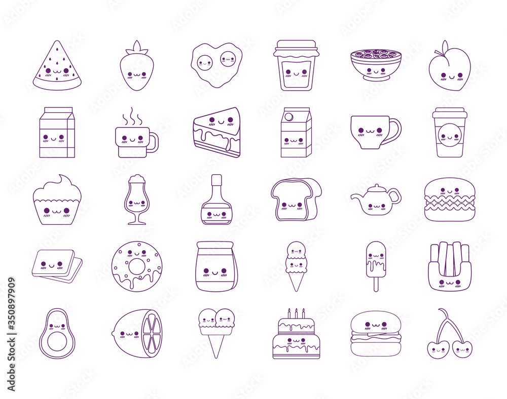 Kawaii food cartoons line style icon set vector design Kawaii food cartoons line style icon set vector design