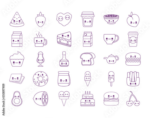 Kawaii food cartoons line style icon set vector design