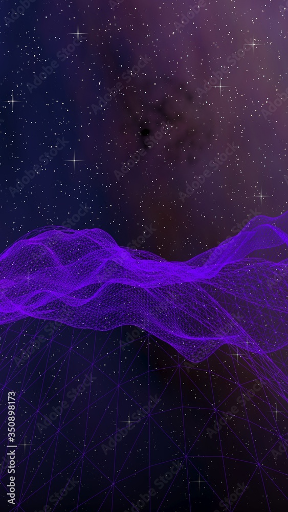 Fototapeta premium Abstract ultraviolet landscape on a dark background. Purple cyberspace grid. hi tech network. Outer space. Violet starry outer space texture. 3D illustration