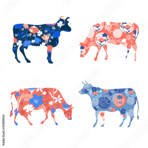 Fototapeta Naklejka Na Ścianę i Meble -  Floral silhouettes of cows. Vector illustration. Farm animals. Agriculture.