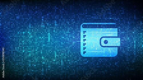 Digital wallet. Wallet icon made with currency symbols. Mobile banking, online finance, e-commerce banner. Dollar, euro, yen and pound icons. Background with currency signs. Vector illustration.