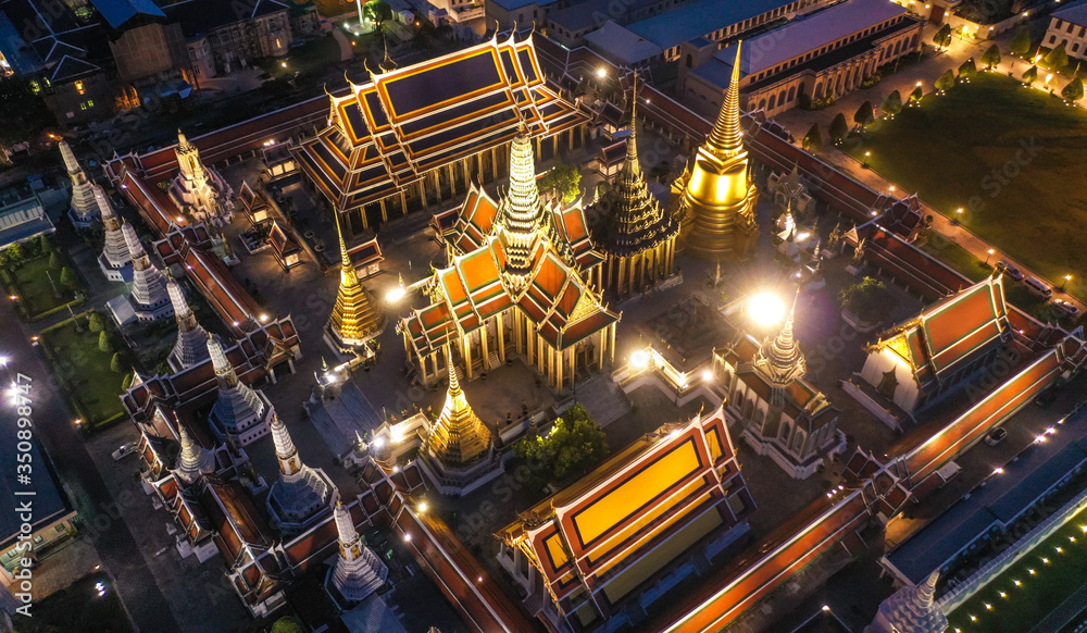 Aerial view of Grand Palace temple in Bangkok Thailand during lockdown covid quarantine at night
