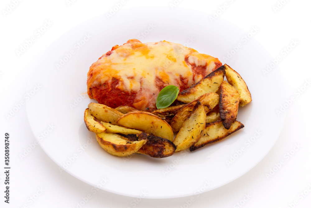 Chicken Parmesan Baked in Tomato Sauce with cheese, chips Chicken Parmesan Baked in Tomato Sauce with cheese, chips