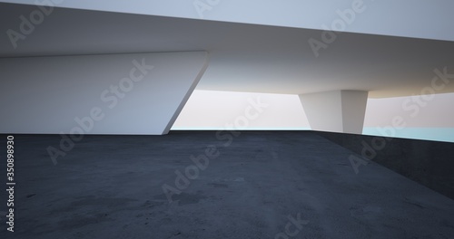 Abstract architectural minimalistic background. Modern villa made of black concrete.   ontemporary interior design. View from the balcony to the sea. 3D illustration and rendering.