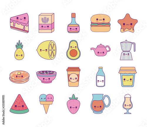Kawaii food cartoons line and fill style icon set vector design