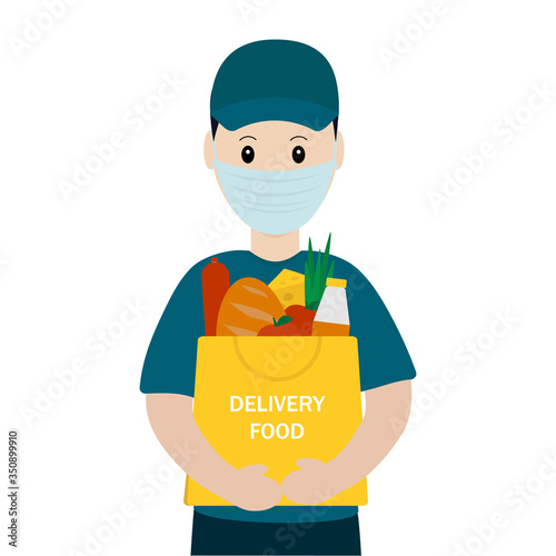 Food delivery online on website or mobile application. 
The courier will safely deliver the order home.Vector illustration flat.