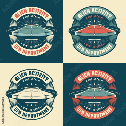 UFO vintage emblem with flying saucer. Alien spaceship retro badge. Vector illustration.