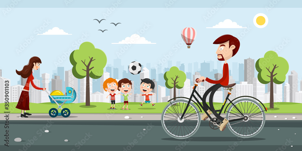 Obraz premium People on Street with City Park on Background. Man Riding Bicycle, Woman with Baby Carriage and Kids Playing Football - Soccer with Skyscrapers on Background.