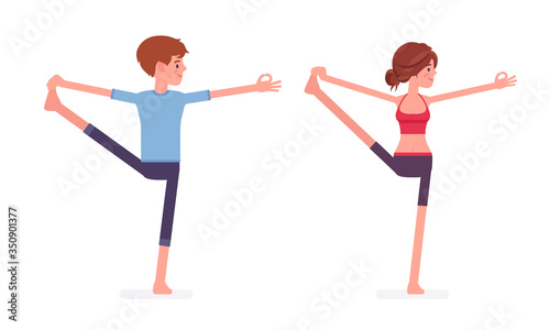 Young yogi man and woman in sports wear practicing yoga, partners doing Utthita Hasta Padangustasana pose, Extended Hand to Big Toe exercise, yogic practice. Vector flat style cartoon illustration