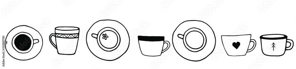 Hand drawn doodle set of coffee and tea cups. Vector tea time illustration for cards, posters, menu design.