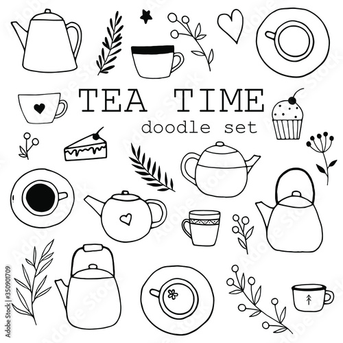 Set of hand drawn doodle tea time elements. Teapots, cups, candies, leaves and berries. Doodle tea cups, coffee cups and teapots. Illustration for cards, posters, menu design.