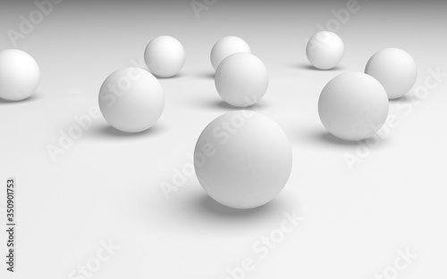 White abstract background. Set of white balls isolated on white backdrop. 3D illustration