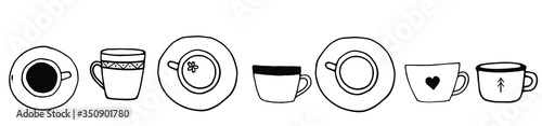 Hand drawn doodle set of coffee and tea cups. Vector tea time illustration for cards, posters, menu design.