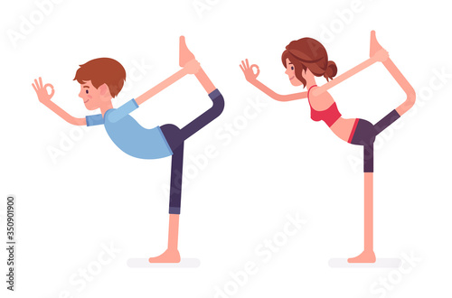 Young yogi man and woman in sports wear practicing yoga, partners doing Natarajasana pose, Lord of the Dance exercise, stress-free yogic practice. Vector flat style cartoon illustration, side view