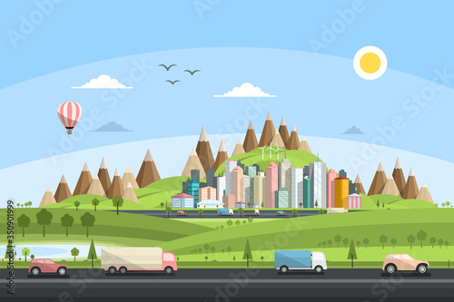 Cars on Street with City and Mountains on Background - Vector Landscape