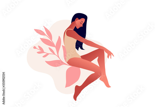 Sad woman. Urinary incontinence, cystitis, involuntary urination woman vector illustration. Bladder problems. Menopause, women's health, genital infection, hygiene. Female problems