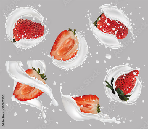 Fototapeta Naklejka Na Ścianę i Meble -  3d realistic milk splash with strawberry. Collection strawberries covered in milk. Sweet milk dessert . Milk cocktail. Organic vegan. Illustration