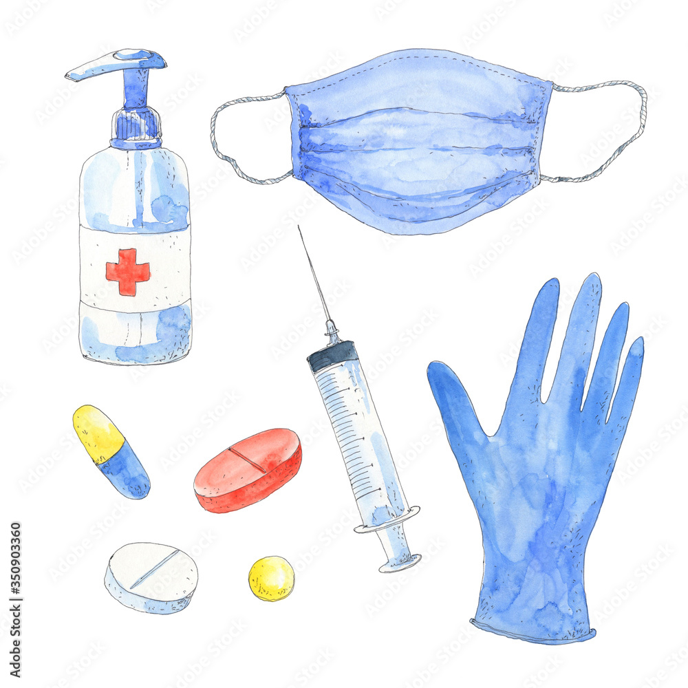 Medic, health care set with disinfectant liquid, medical glove and