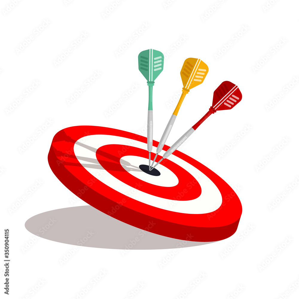 Three Darts in the Center of Bullseye. Arrows in Red Dartboart - Target Isolated on White Background. Three Darts in the Center of Bullseye. Arrows in Red Dartboart - Target Isolated on White Background.