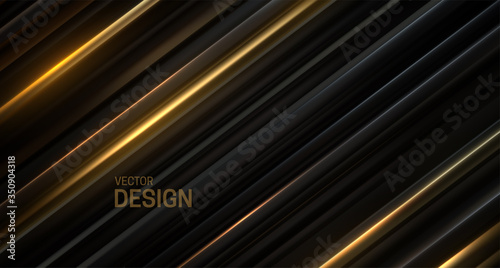 Black and golden sliced surface. Abstract geometric background. Vector illustration. Random layers pattern. Striped texture. Futuristic elegant decoration. Luxury banner or cover design