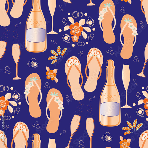 Champagne bottles and flip flop shoe vector seamless pattern background. Hand drawn glasses, sparkling wine, sandals flowers neon orange indigo backdrop. All over print for beach hen party celebration