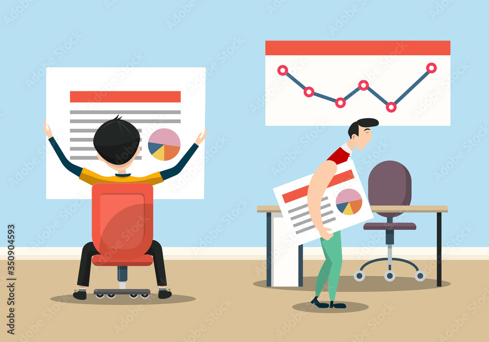 Business People in Office Room with Graphs on Paper Reports Vector Illustration Business People in Office Room with Graphs on Paper Reports Vector Illustration