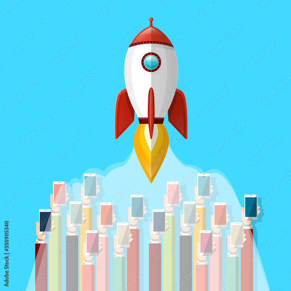Rocket Launch with Mobile Phones in Hands on Blue Background - Vector Rocket Launch with Mobile Phones in Hands on Blue Background - Vector