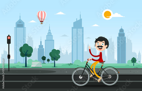 Man Waving on Bicycle in City Street with Skyscrapers on Background