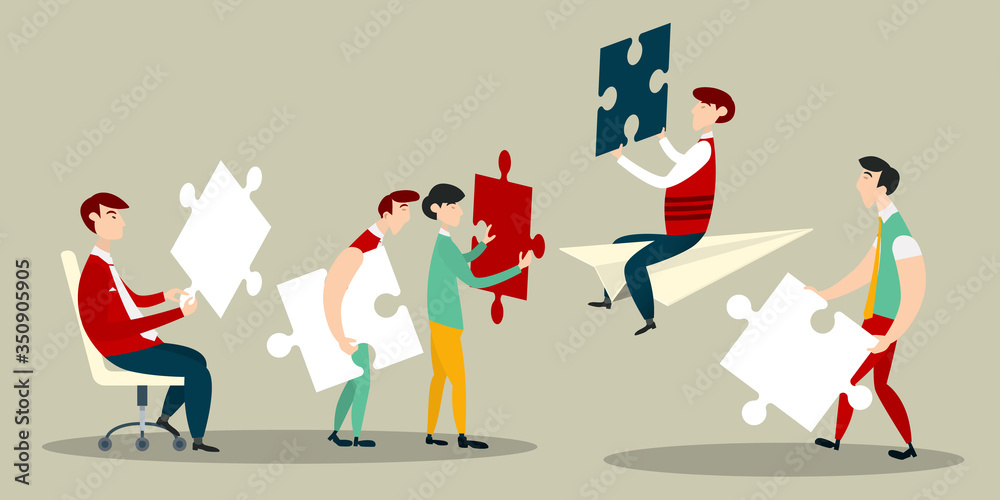 Obraz premium Business Team with Jigsaw Puzzle Pieces - Vector Teamwork Concept