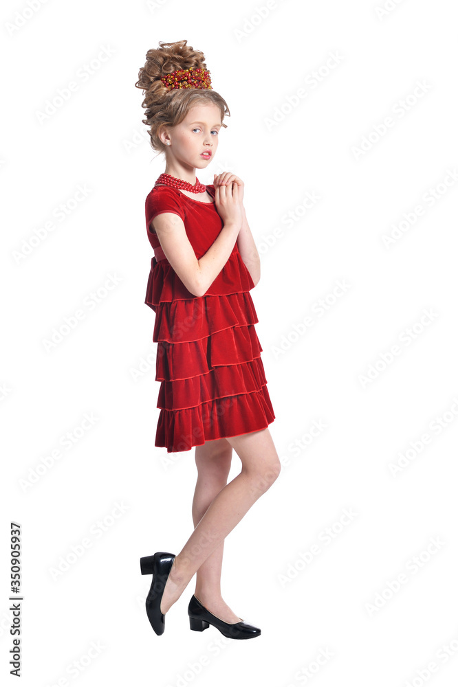 Portrait of girl in red dress posing isolated on white background Portrait of girl in red dress posing isolated on white background