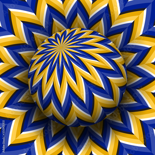 Optical illusion hypnotic vector illustration of rotating toothed pattern. Patterned golden blue globe soaring above the same surface.