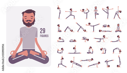Young sporty yogi man practicing yoga character set, pose sequences. Handsome fit guy doing physical workout for mind and body exercise. Full length, different views, gestures, emotions, positions
