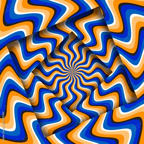 Abstract turned frames with a rotating blue orange curved stripes pattern. Optical illusion hypnotic background.