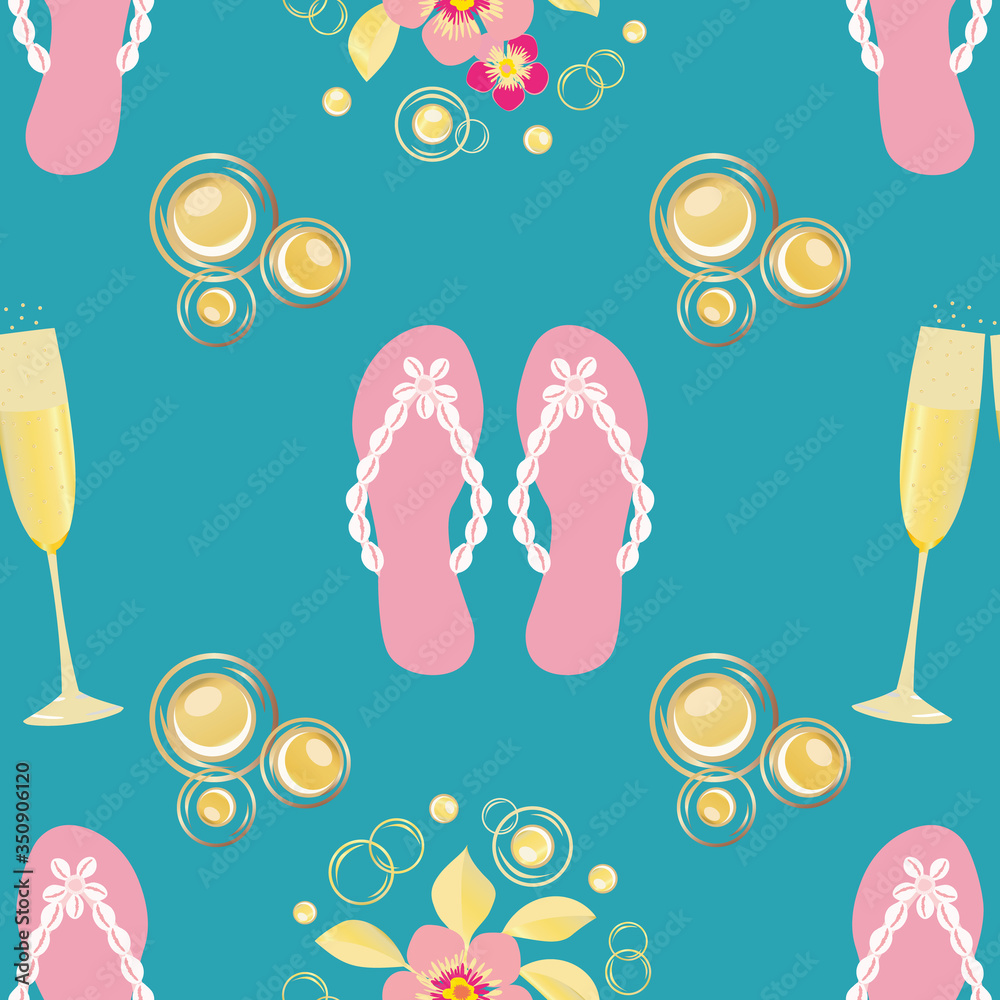 Champagne bubbles and flip flop shoe vector seamless pattern background. Glasses, sparkling wine, sandals, flowers gold pink aqua blue backdrop. All over print for beach hen party, celebration concept