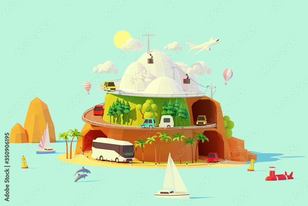 Vector tourism and travel illustration. Summer and winter travel by coach bus, car, camper, sailboat and plane. Road around island from winter and snowy mountains to summer beach with palm trees - obrazy, fototapety, plakaty 