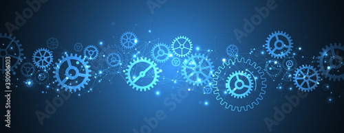 Abstract blue technological background. Structure square pattern with cogwheels and plexus effect. Vector photo