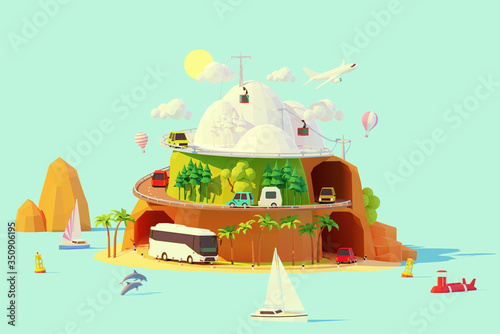 Vector tourism and travel illustration. Summer and winter travel by coach bus, car, camper, sailboat and plane. Road around island from winter and snowy mountains to summer beach with palm trees