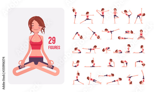 Young sporty yogi woman practicing yoga character set, pose sequences. Attractive girl doing physical workout for mind and body exercise. Full length, different views, gestures, emotions, positions