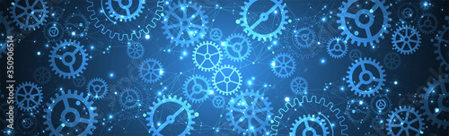 Abstract blue technological background. Structure square pattern with cogwheels and plexus effect. Vector