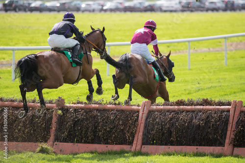 Two horses and jockeys going over hurdle jump on the race track