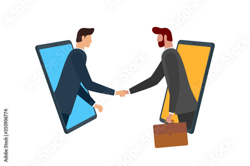 Two businessman make deal on distance and shaking hands on smartphone screens. Mobile online business agreement communication conference concept. Virtual handshake cooperation vector eps illustration
