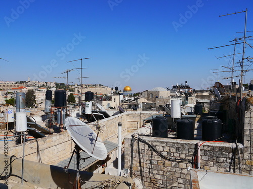 panoramic view over the roof tops in the old town of Jerusalem on a sunny day to Al-Aqsa Mosque, Israel, Near East