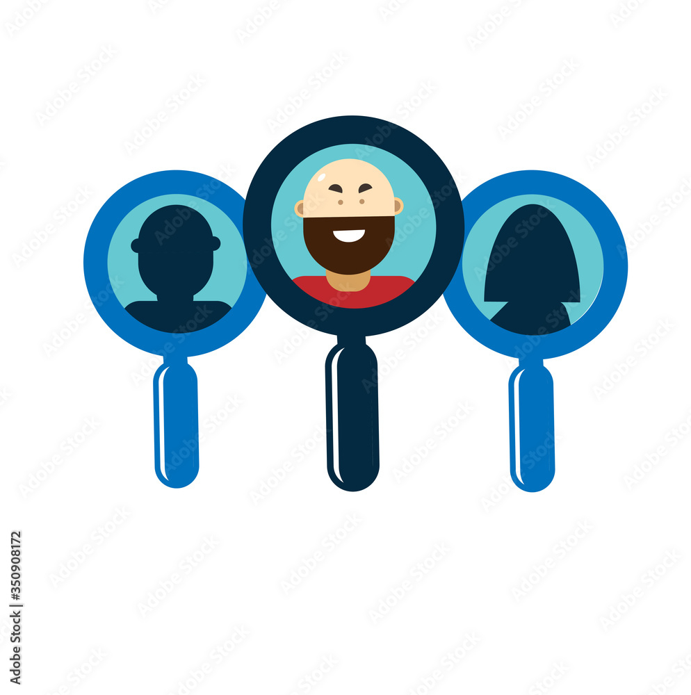 Recruiting. Selection of one candidate from three applicants. Portrait of a man under a magnifying glass. Vector flat illustration