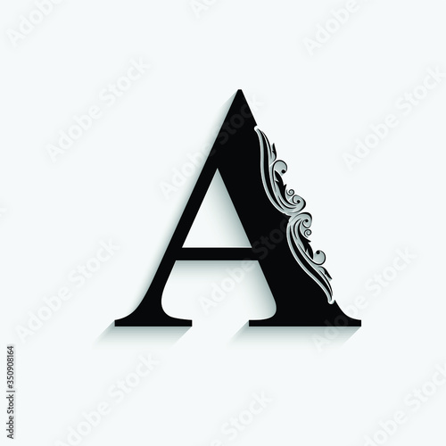 letter A. Black flower alphabet.  Beautiful capital letters with shadow