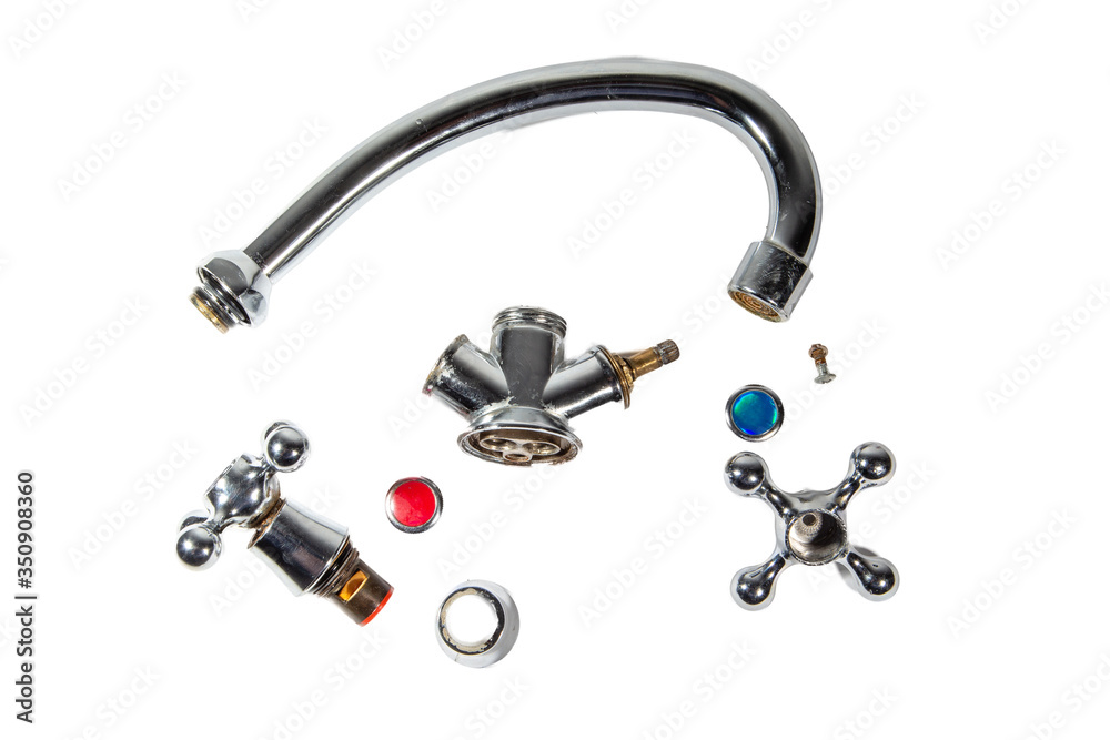 faucet of cold and hot water and its components on a white background