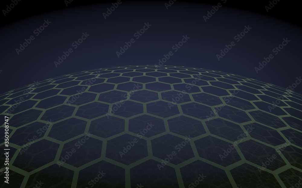 Fototapeta premium Multilayer sphere of honeycombs, purple on a dark background, social network, computer network, technology, global network. 3D illustration