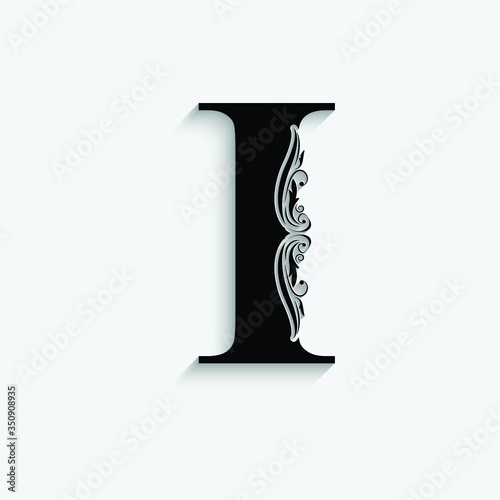 letter I. Black flower alphabet.  Beautiful capital letters with shadow