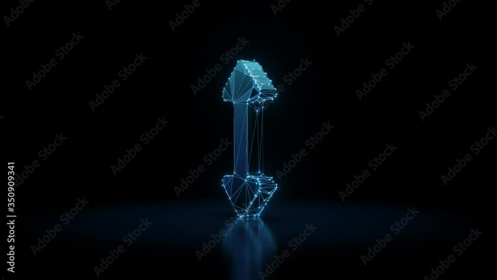 3d rendering seamless loop 4k rotation wireframe neon glowing symbol of double side vertical arrow with shining dots on black background with blured reflection on floor