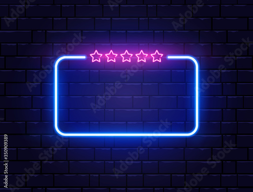 Neon frame with five stars. Neon quiz banner on brick wall. Star rating. Shining signboard. Night bright advertising. Color neon banner. Vector illustration